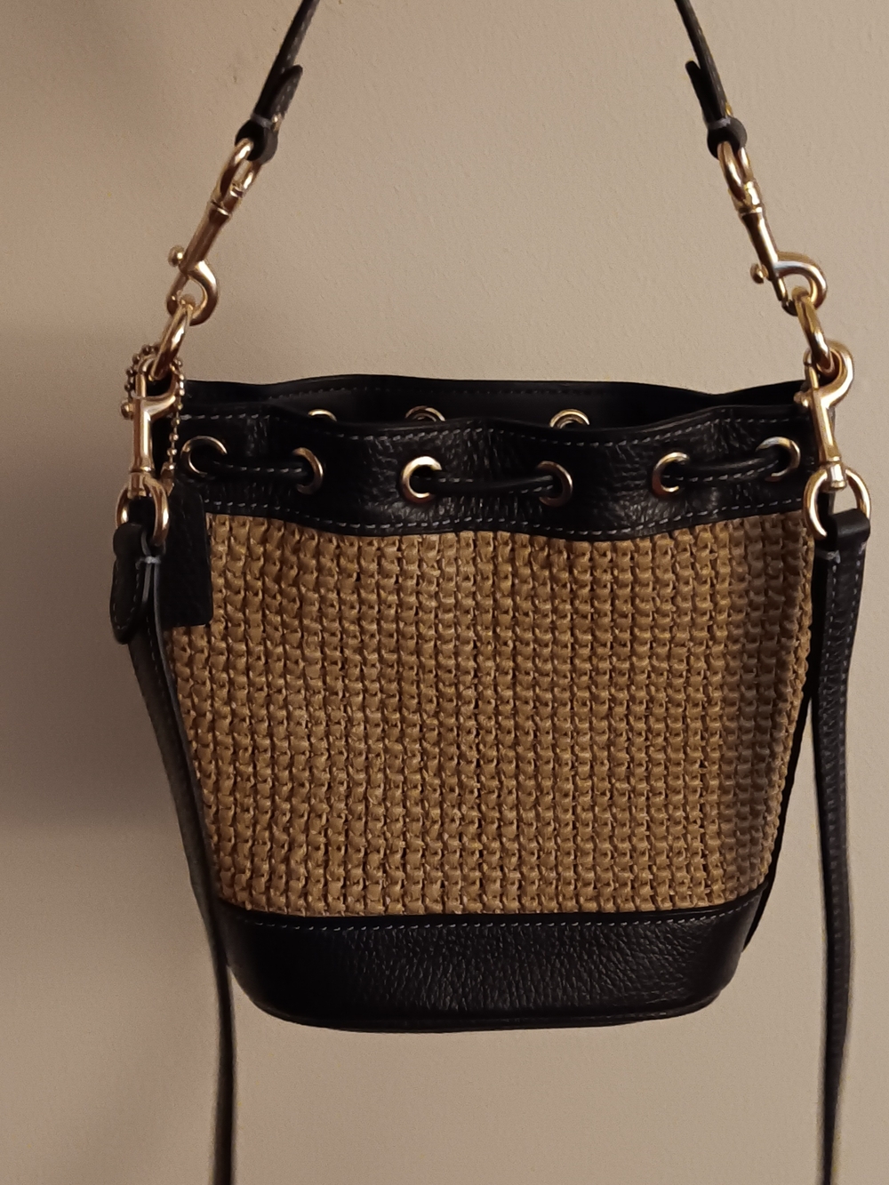 Coach Straw Bucket Crossbody with Black Trim and Red & Blue Stripes - Picture 3 of 3